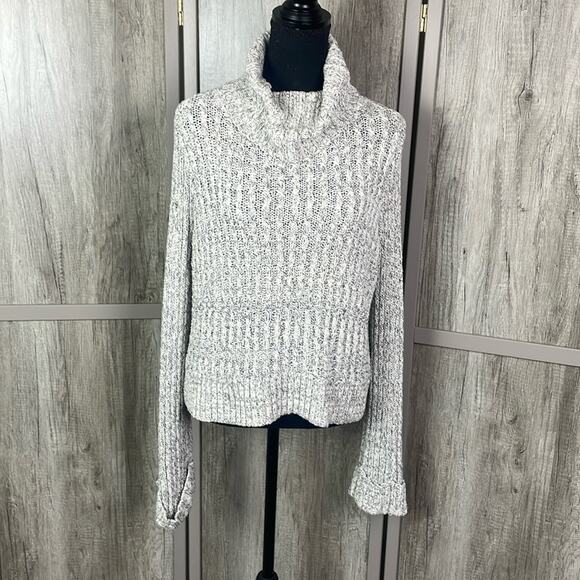 Free People Marled Ivory Twisted Cable Cropped Turtleneck Sweater women's L - Picture 2 of 12